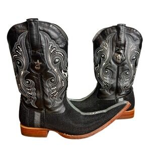 Los Altos Black Stingray Leather Cowboy Boot Mens 8 EE Black Stone Long Snip Toe